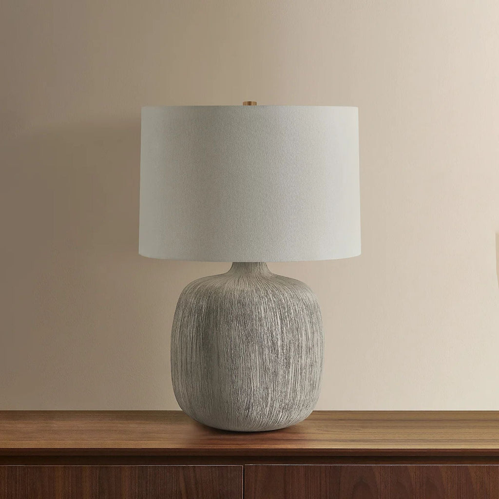 Keagan 24 in. Table Lamp, Patina Brass with Ceramic Stria Wheat & Off-White Linen Shade