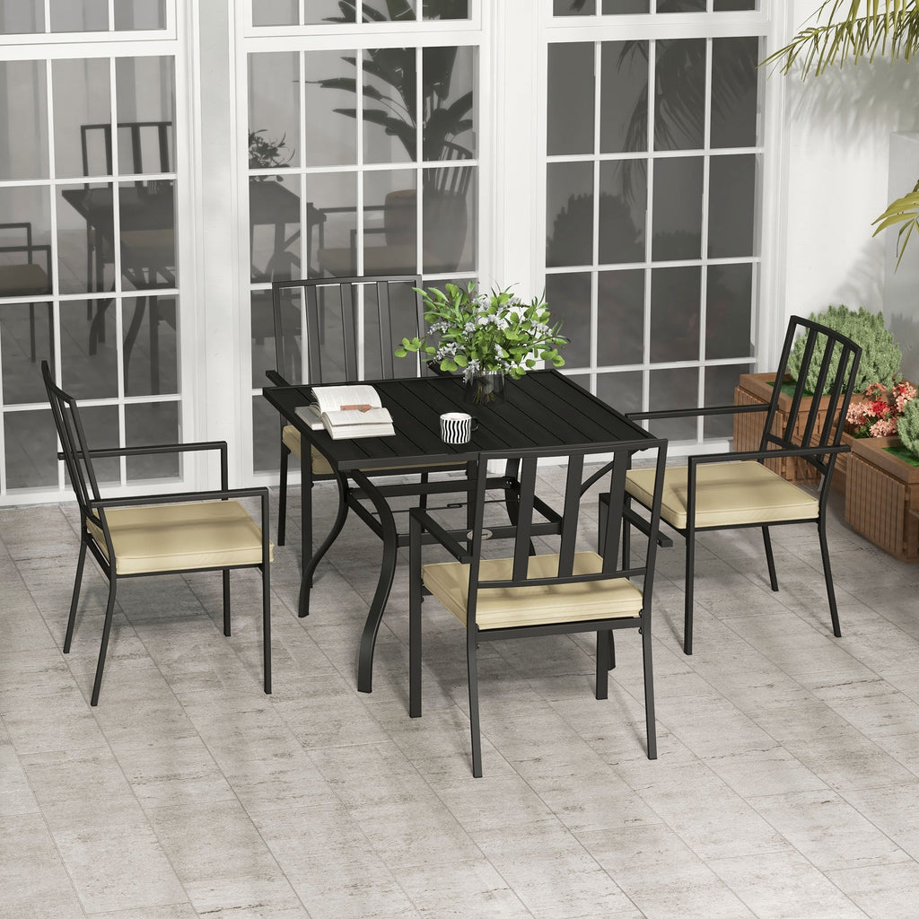 5 Pieces Garden Dining Set with Cushions, Outdoor Patio Table and 4 Stackable Chairs, Metal Top Table with Umbrella Hole, Black