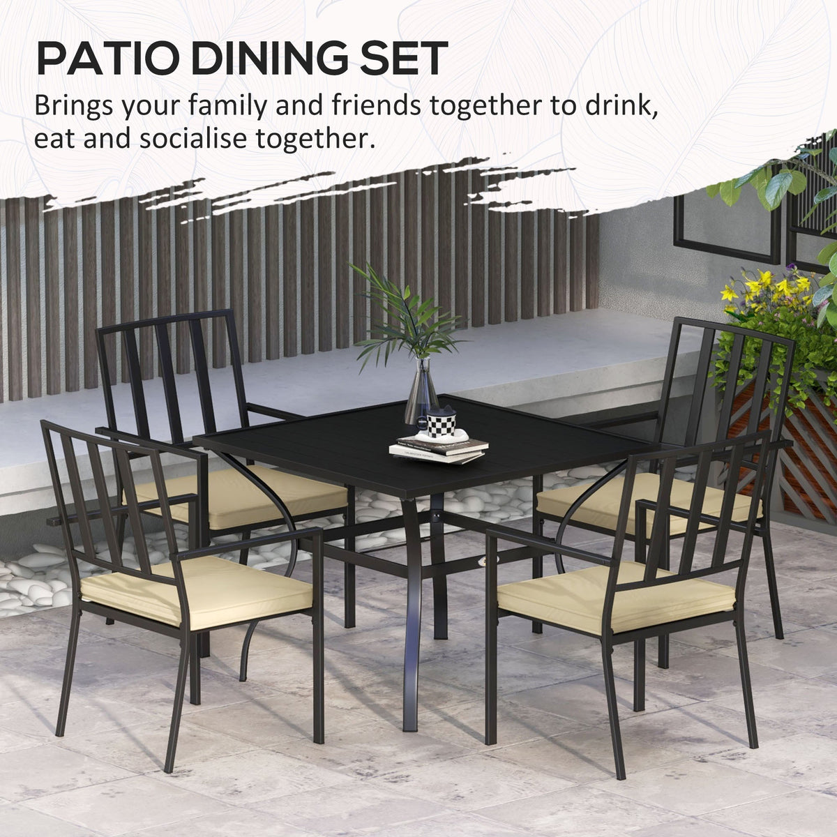 5 Pieces Garden Dining Set with Cushions, Outdoor Patio Table and 4 Stackable Chairs, Metal Top Table with Umbrella Hole, Black