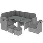 10 Seater Rattan Corner Sofa Set with Expandable Table and Nesting Chairs, Light Grey