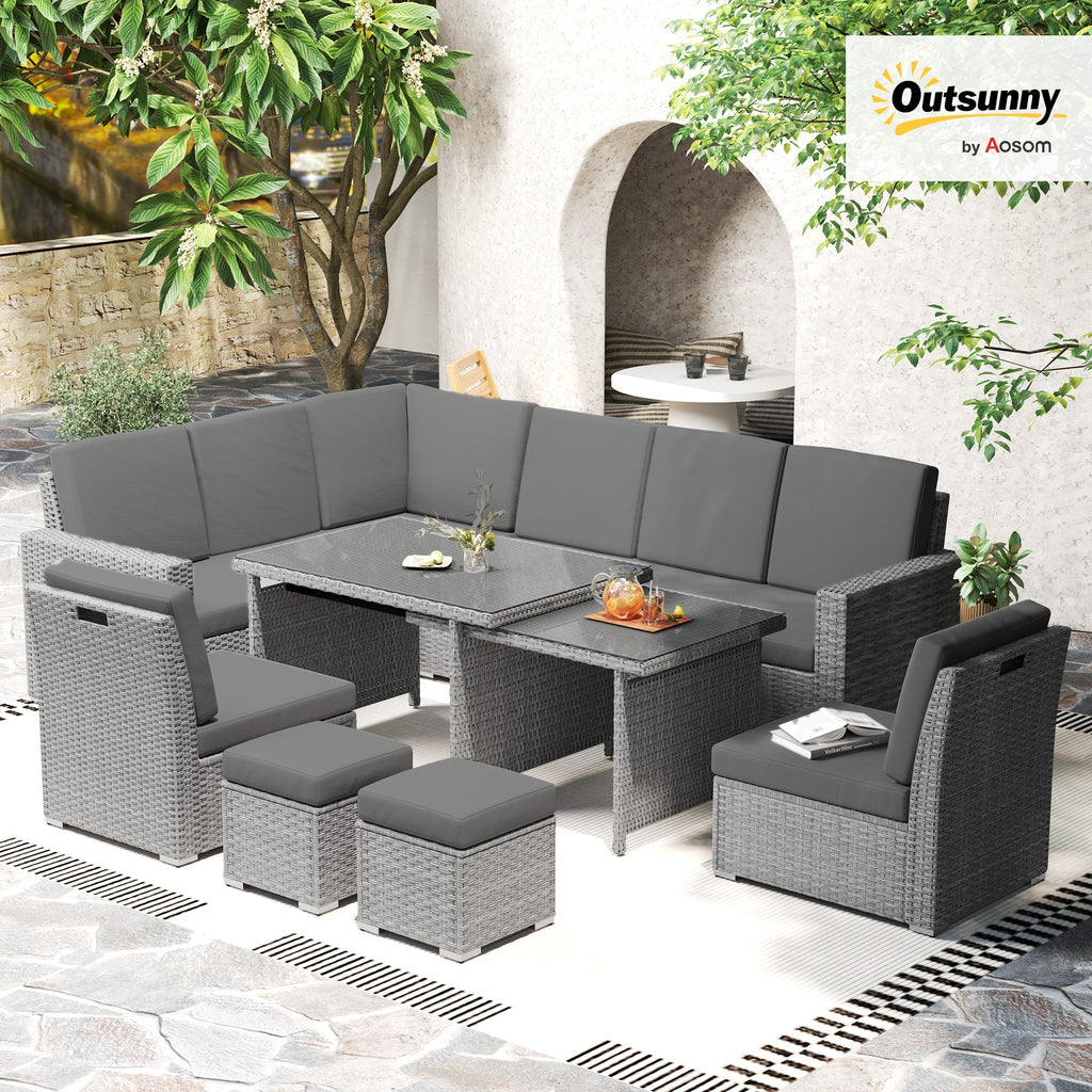 10 Seater Rattan Corner Sofa Set with Expandable Table and Nesting Chairs, Light Grey