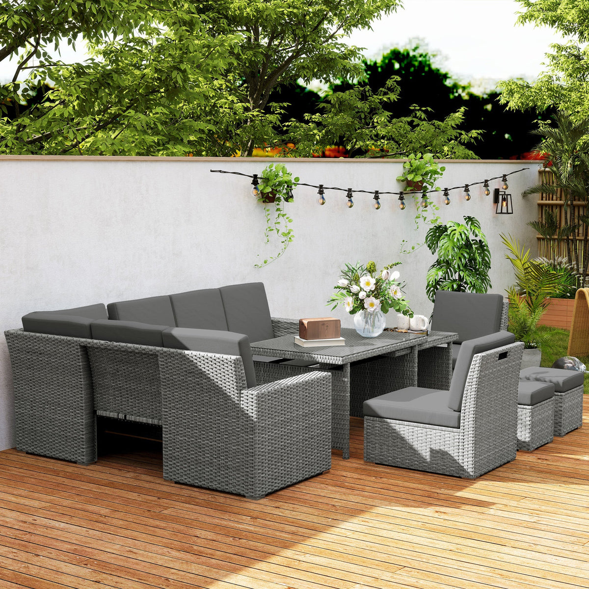 10 Seater Rattan Corner Sofa Set with Expandable Table and Nesting Chairs, Light Grey