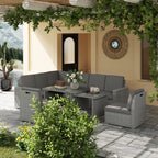 10 Seater Rattan Corner Sofa Set with Expandable Table and Nesting Chairs, Light Grey