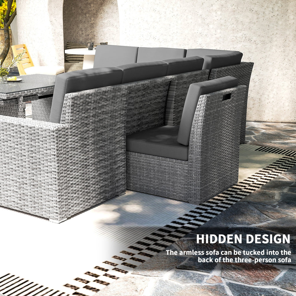 10 Seater Rattan Corner Sofa Set with Expandable Table and Nesting Chairs, Light Grey