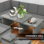 10 Seater Rattan Corner Sofa Set with Expandable Table and Nesting Chairs, Light Grey