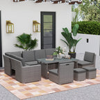 10 Seater Rattan Corner Sofa Set with Expandable Table and Nesting Chairs, Light Grey