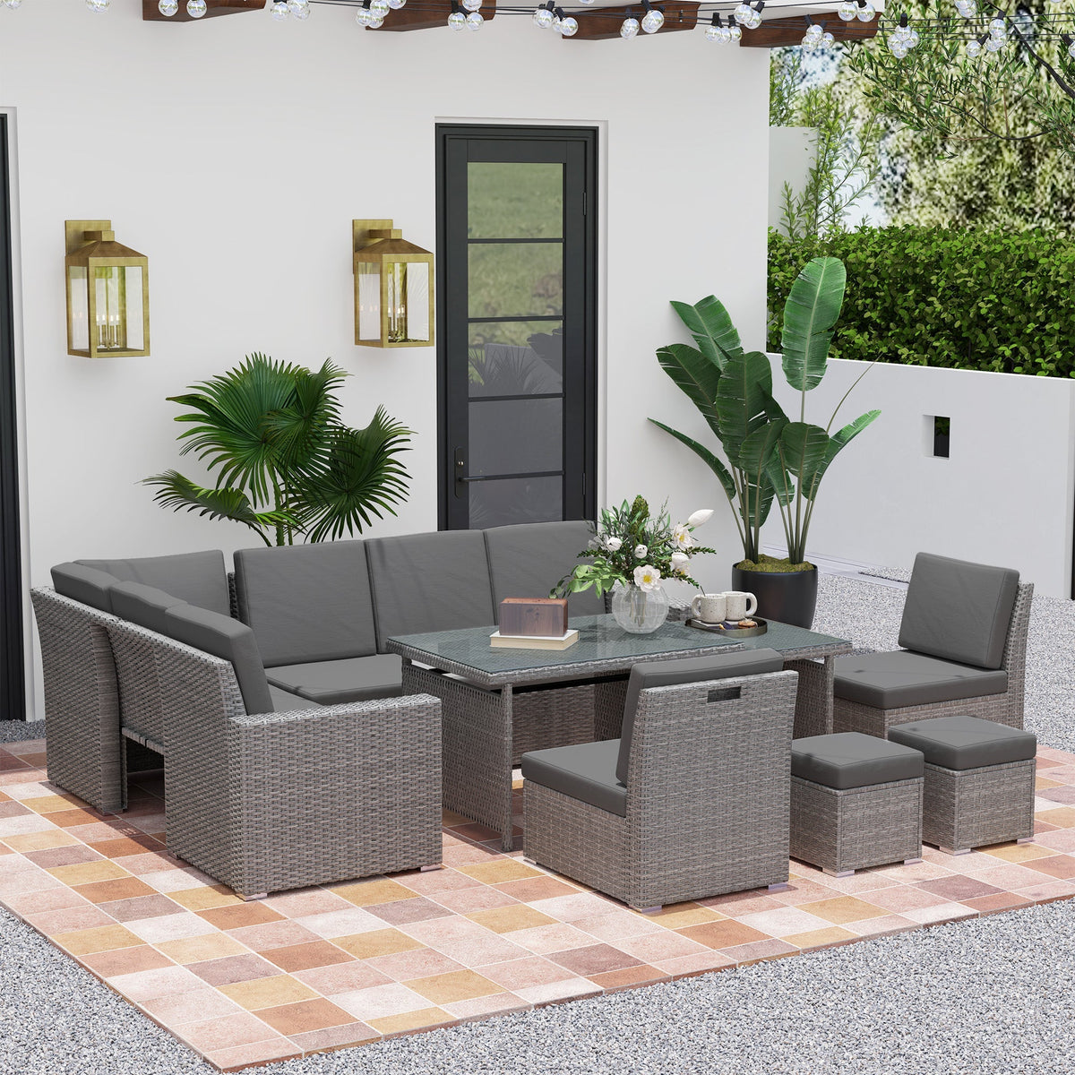 10 Seater Rattan Corner Sofa Set with Expandable Table and Nesting Chairs, Light Grey