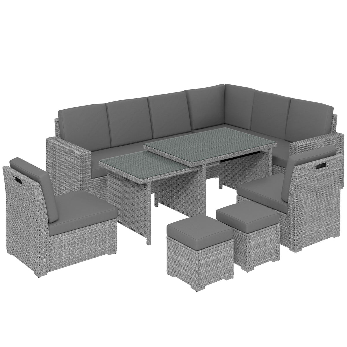 10 Seater Rattan Corner Sofa Set with Expandable Table and Nesting Chairs, Light Grey