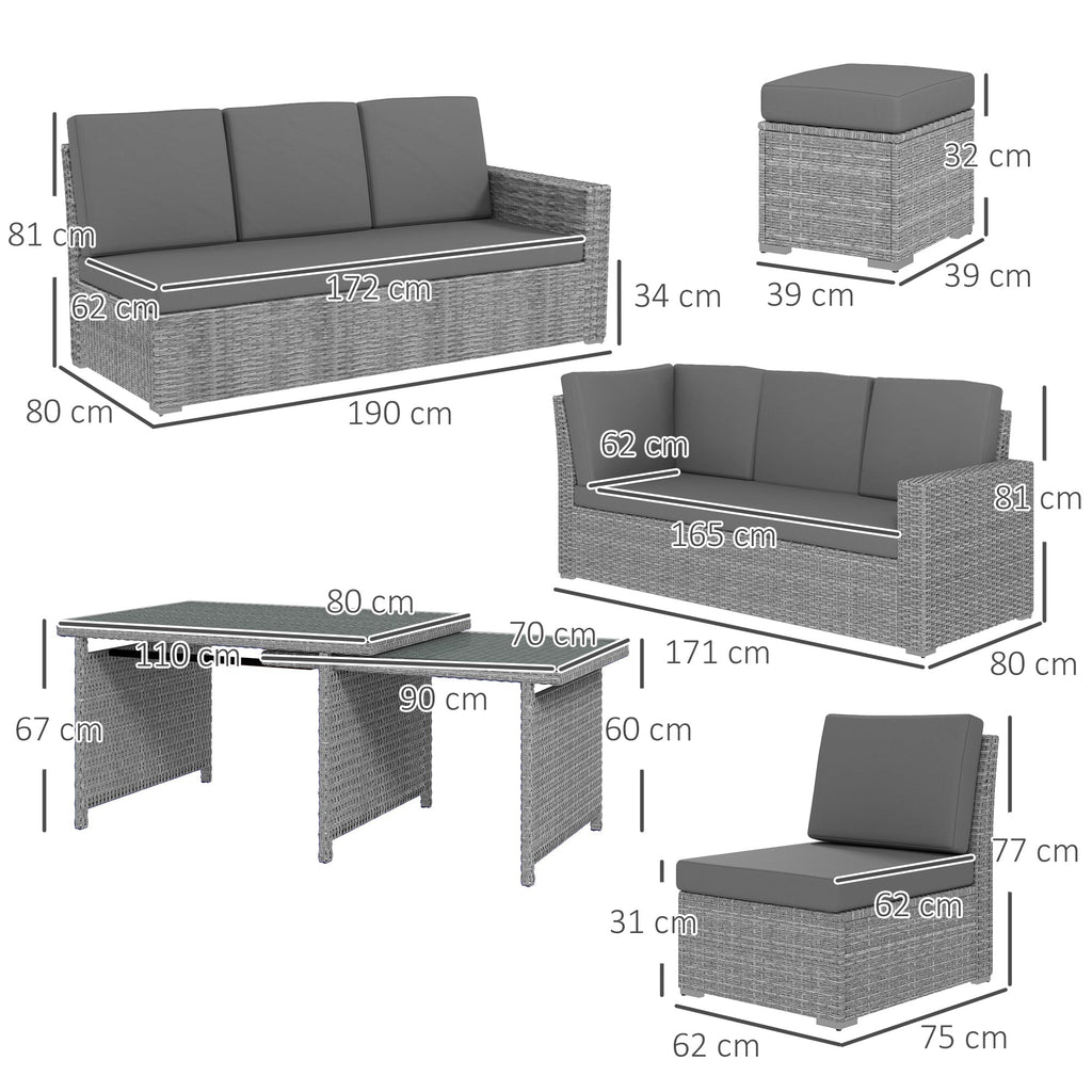 10 Seater Rattan Corner Sofa Set with Expandable Table and Nesting Chairs, Light Grey