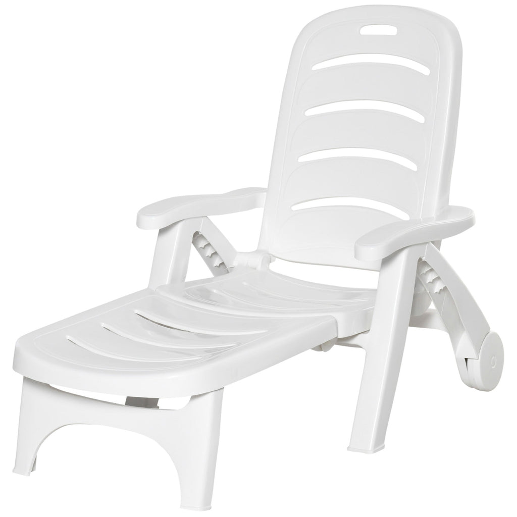 Outdoor Folding Chaise Lounge Chair with Wheels & 5 Level Adjustable Backrest, White