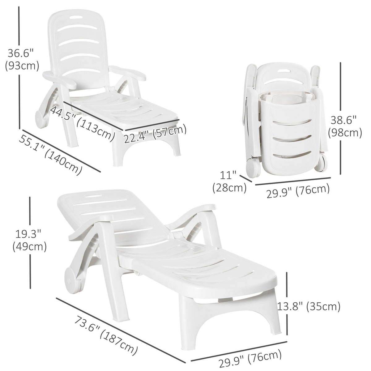 Outdoor Folding Chaise Lounge Chair with Wheels & 5 Level Adjustable Backrest, White