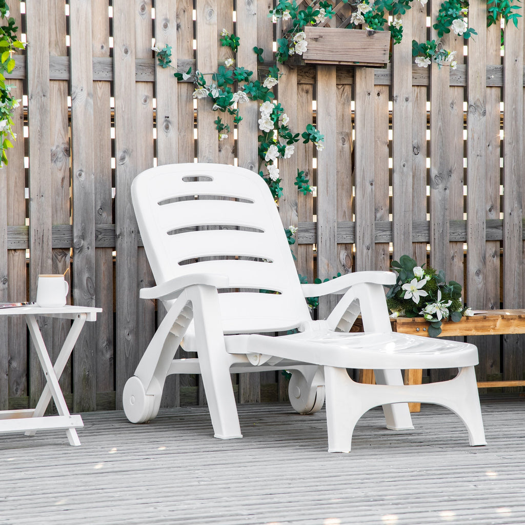 Outdoor Folding Chaise Lounge Chair with Wheels & 5 Level Adjustable Backrest, White