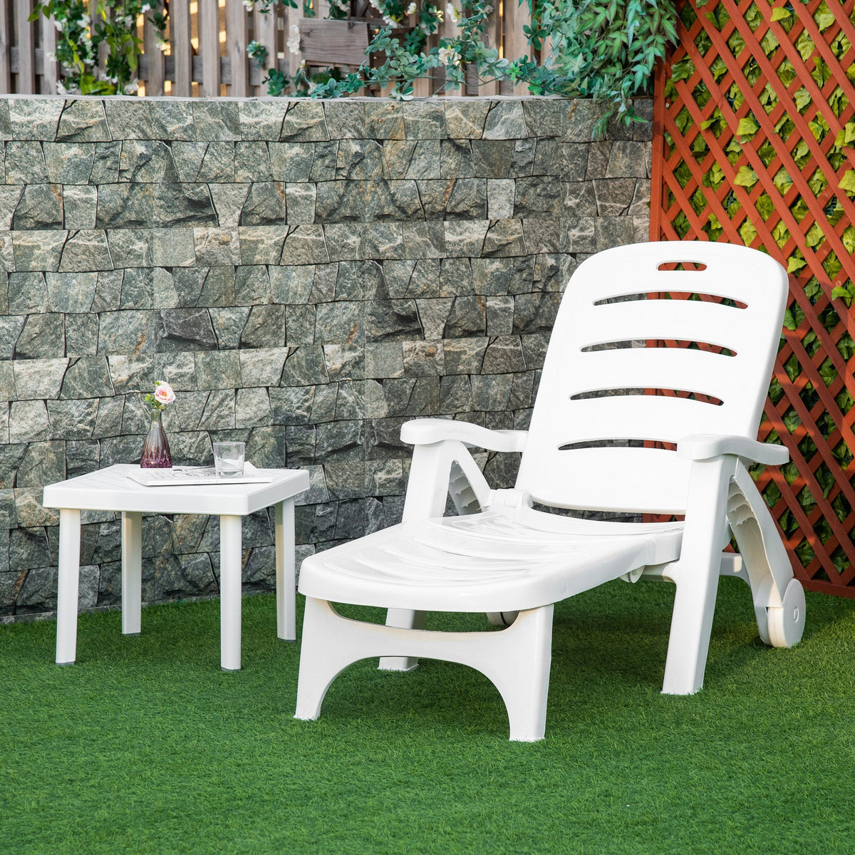 Outdoor Folding Chaise Lounge Chair with Wheels & 5 Level Adjustable Backrest, White