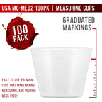 2 Oz (60 ml) Liquid Measuring Cups - Plastic Graduated Cup (100 Pack) with 25 Sticks - Reusable Mixing Cups for Paint, Craft, Kitchen, Lab, Medical Supplies, Epoxy Resin, Art