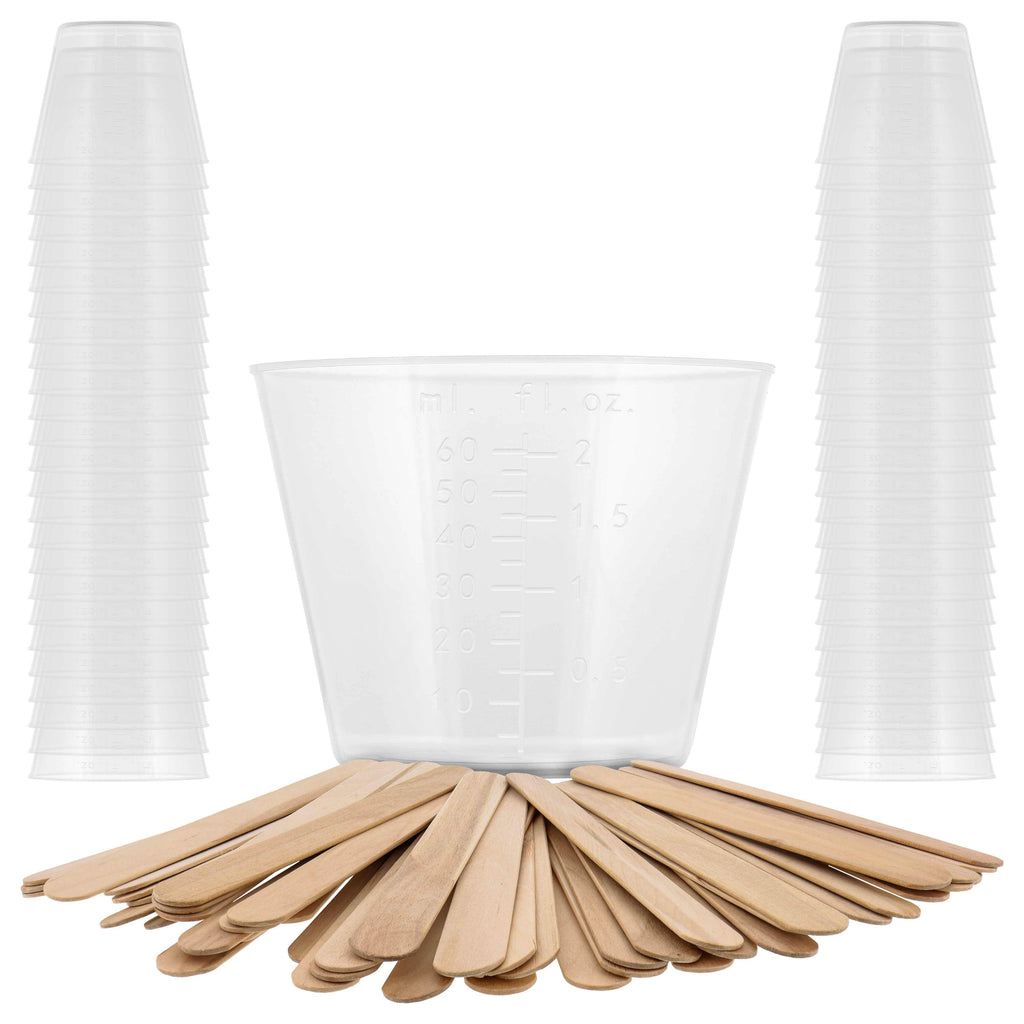 2 Oz (60 ml) Liquid Measuring Cups - Plastic Graduated Cup (50 Pack) with 25 Sticks - Reusable Mixing Cups for Paint, Craft, Kitchen, Lab, Medical Supplies, Epoxy Resin, Art