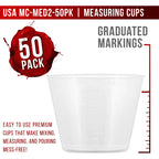 2 Oz (60 ml) Liquid Measuring Cups - Plastic Graduated Cup (50 Pack) with 25 Sticks - Reusable Mixing Cups for Paint, Craft, Kitchen, Lab, Medical Supplies, Epoxy Resin, Art