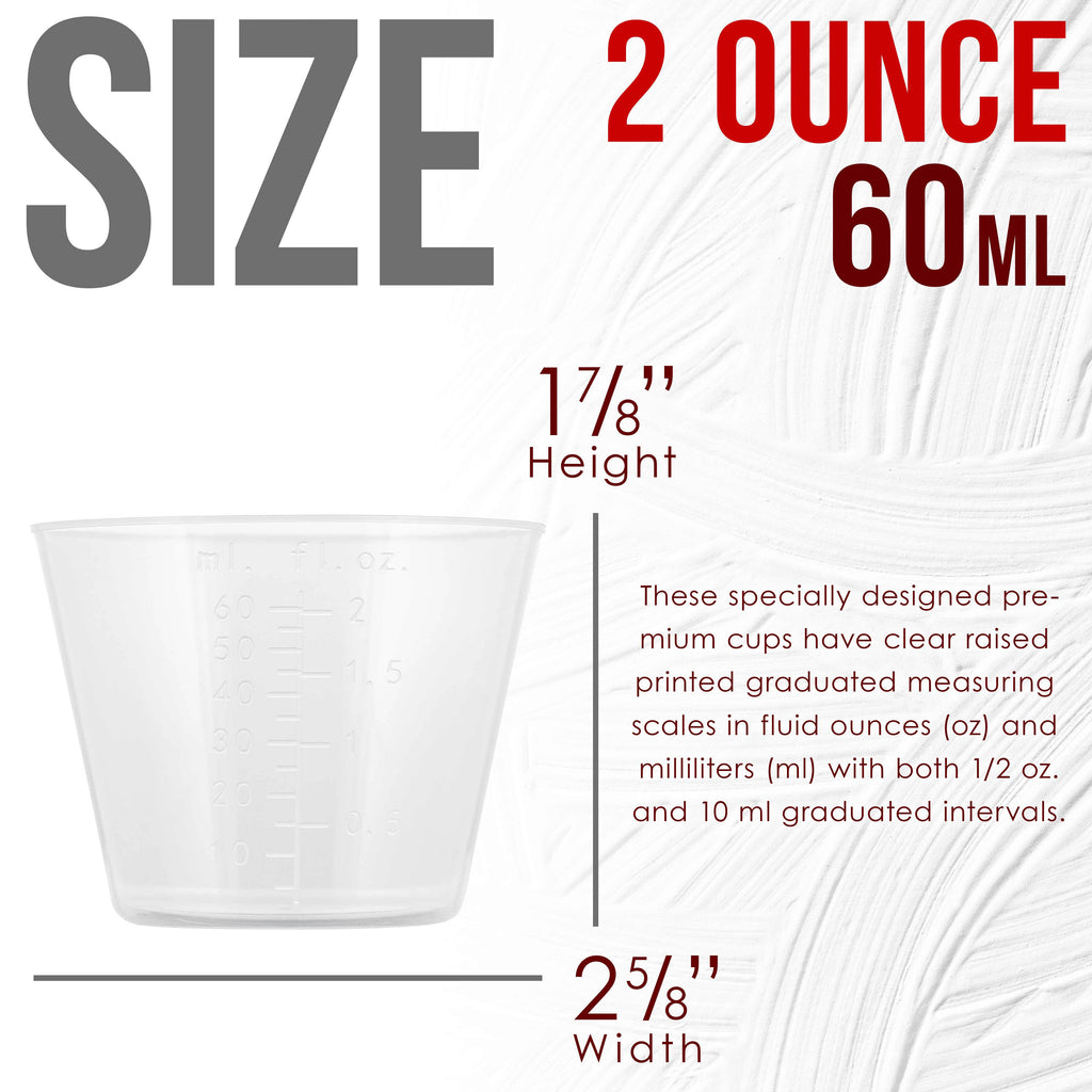 2 Oz (60 ml) Liquid Measuring Cups - Plastic Graduated Cup (50 Pack) with 25 Sticks - Reusable Mixing Cups for Paint, Craft, Kitchen, Lab, Medical Supplies, Epoxy Resin, Art