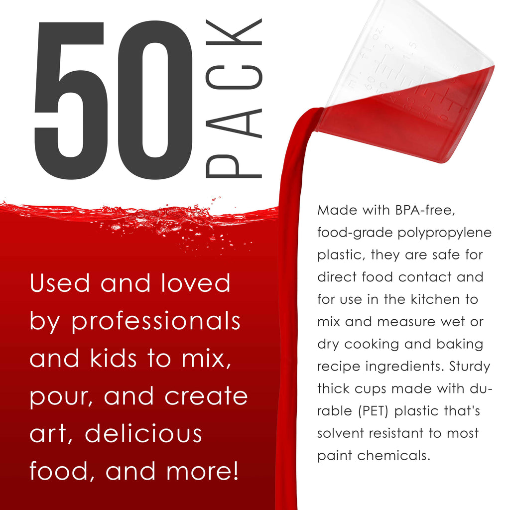 2 Oz (60 ml) Liquid Measuring Cups - Plastic Graduated Cup (50 Pack) with 25 Sticks - Reusable Mixing Cups for Paint, Craft, Kitchen, Lab, Medical Supplies, Epoxy Resin, Art