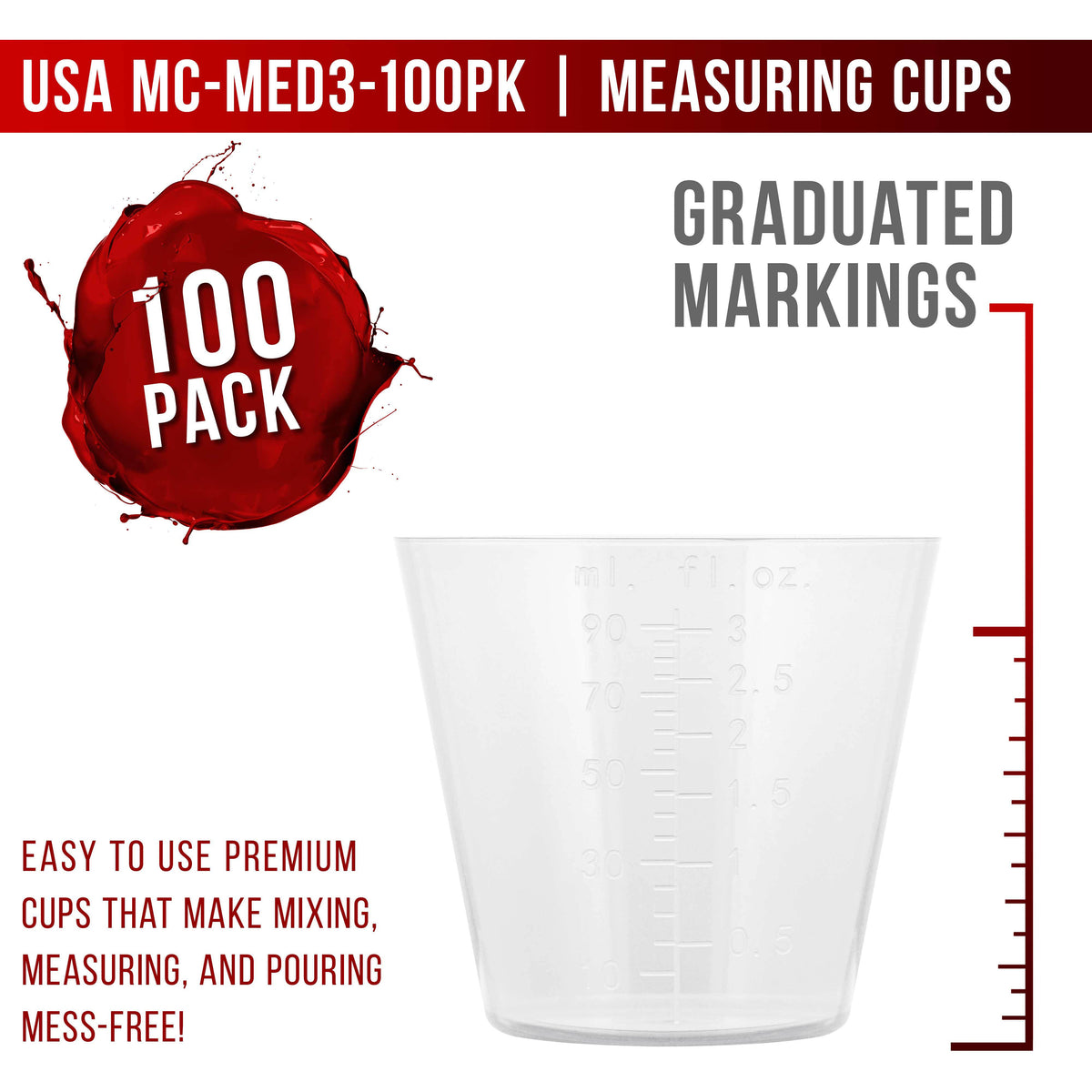 3 Oz (90 ml) Liquid Measuring Cups - Plastic Graduated Cup (100 Pack) with 25 Sticks - Reusable Mixing Cups for Paint, Craft, Kitchen, Lab, Medical Supplies, Epoxy Resin, Art