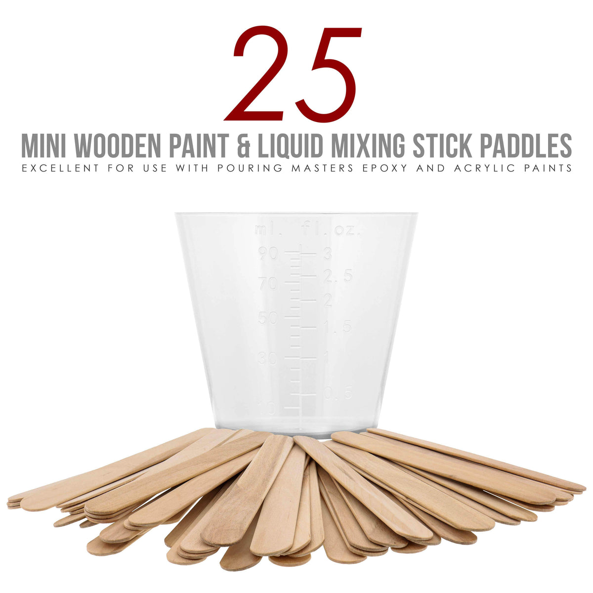 3 Oz (90 ml) Liquid Measuring Cups - Plastic Graduated Cup (100 Pack) with 25 Sticks - Reusable Mixing Cups for Paint, Craft, Kitchen, Lab, Medical Supplies, Epoxy Resin, Art