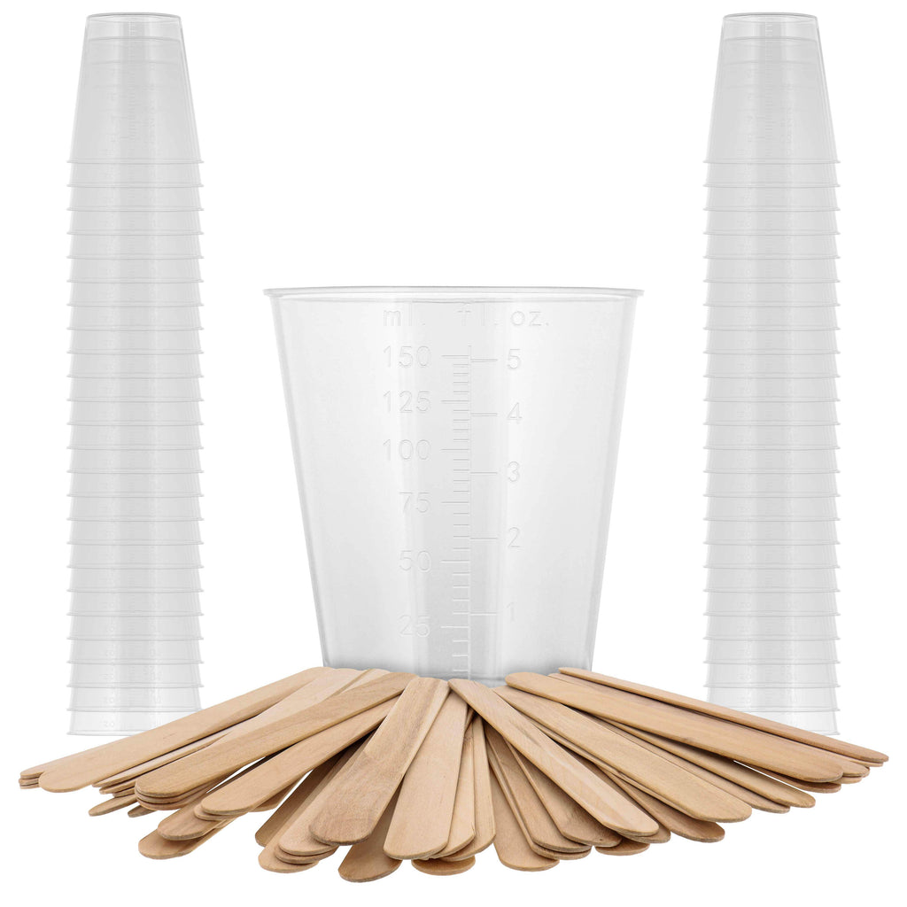 5 Oz (150 ml) Liquid Measuring Cups - Plastic Graduated Cup (50 Pack) with 25 Sticks - Reusable Mixing Cups for Paint, Craft, Kitchen, Lab, Medical Supplies, Epoxy Resin, Art