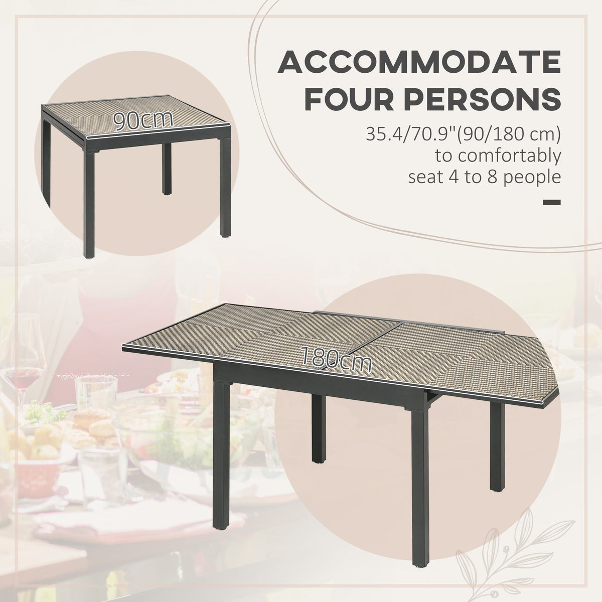 35.4"/70.9" x 35.4" Extendable Aluminum Frame Patio WickerTable for 4-8 People, Brown