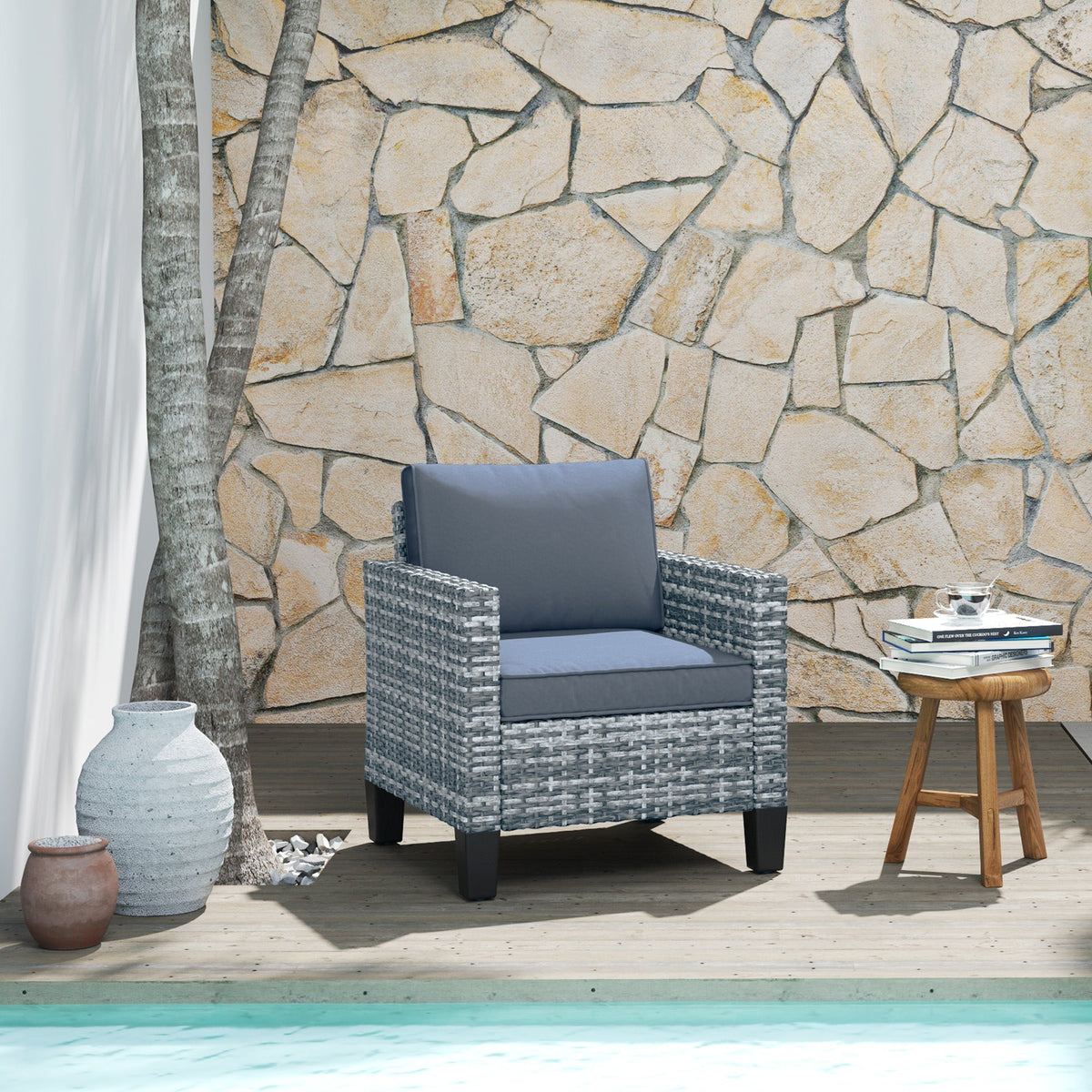 Single Seater Rattan Garden Armchair with Cushions for Patio, Porch, Light Grey