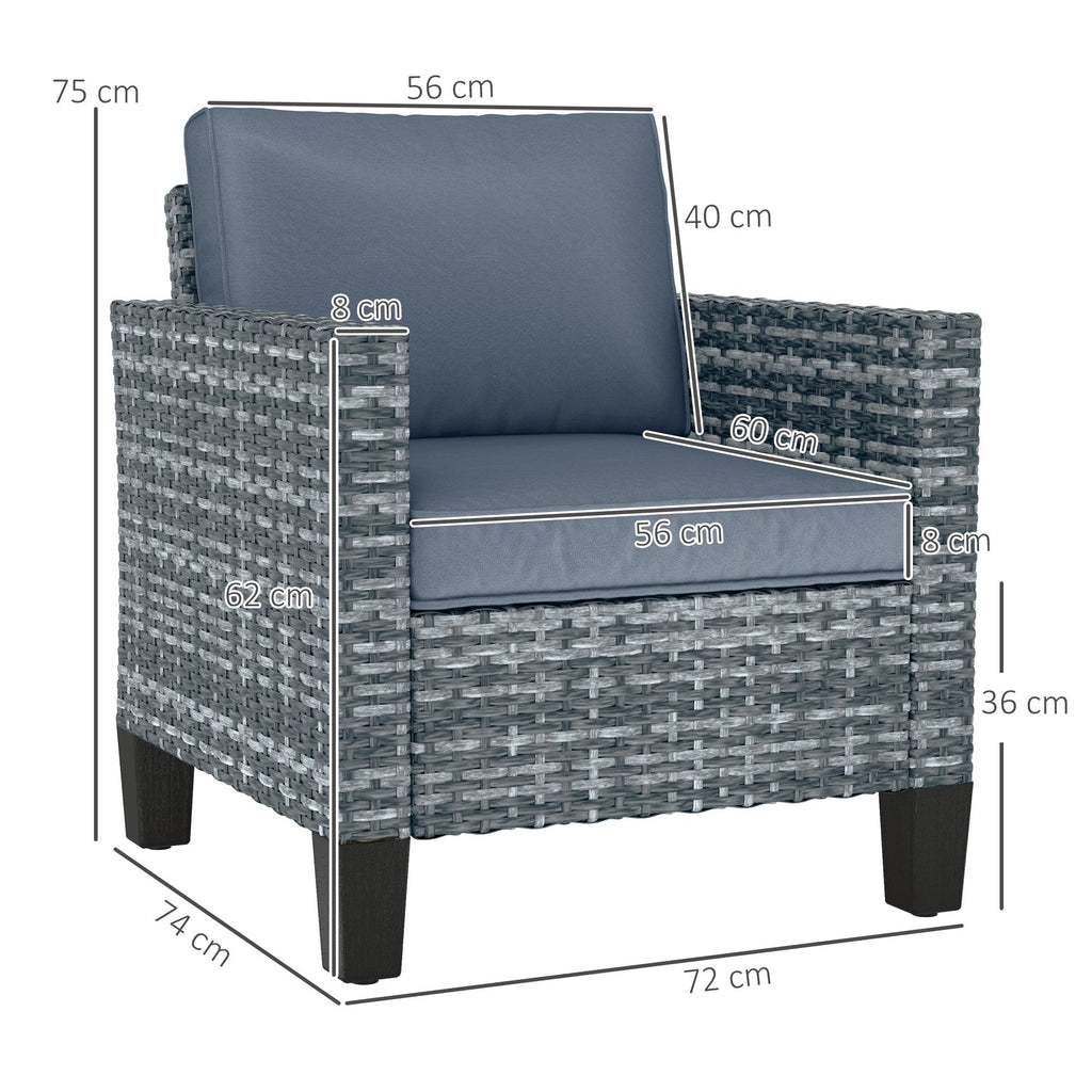 Single Seater Rattan Garden Armchair with Cushions for Patio, Porch, Light Grey