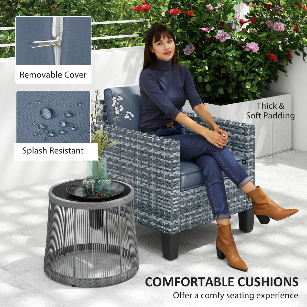 Single Seater Rattan Garden Armchair with Cushions for Patio, Porch, Light Grey