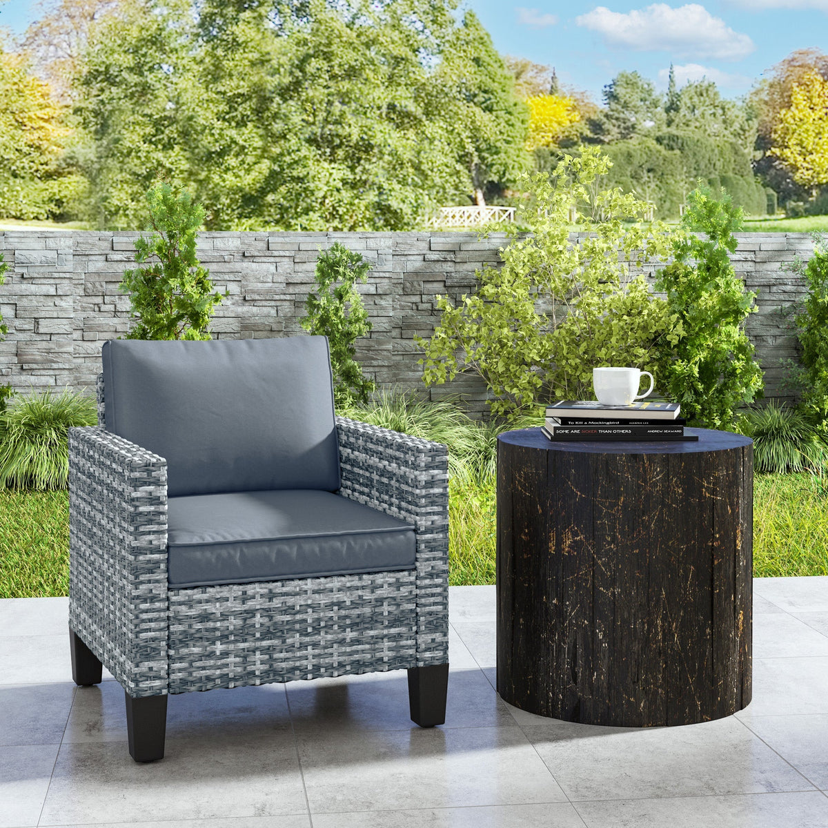 Single Seater Rattan Garden Armchair with Cushions for Patio, Porch, Light Grey