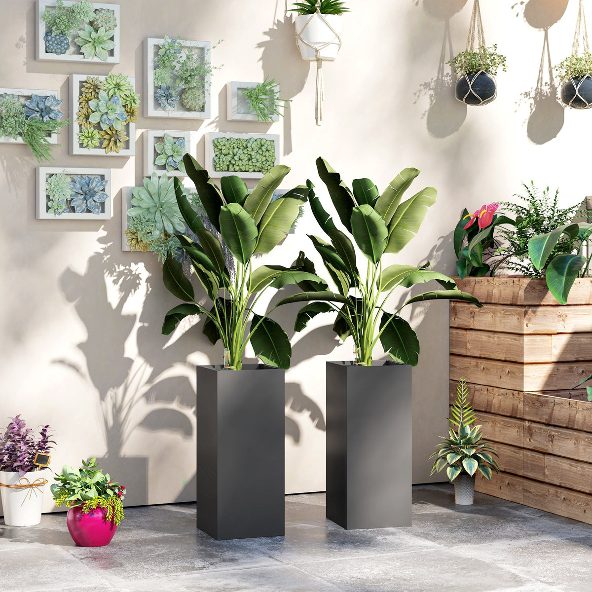 26" Plastic Planter Box 2-Pack with Water Level Indicator, Drainage Hole and Plug, Dark Grey