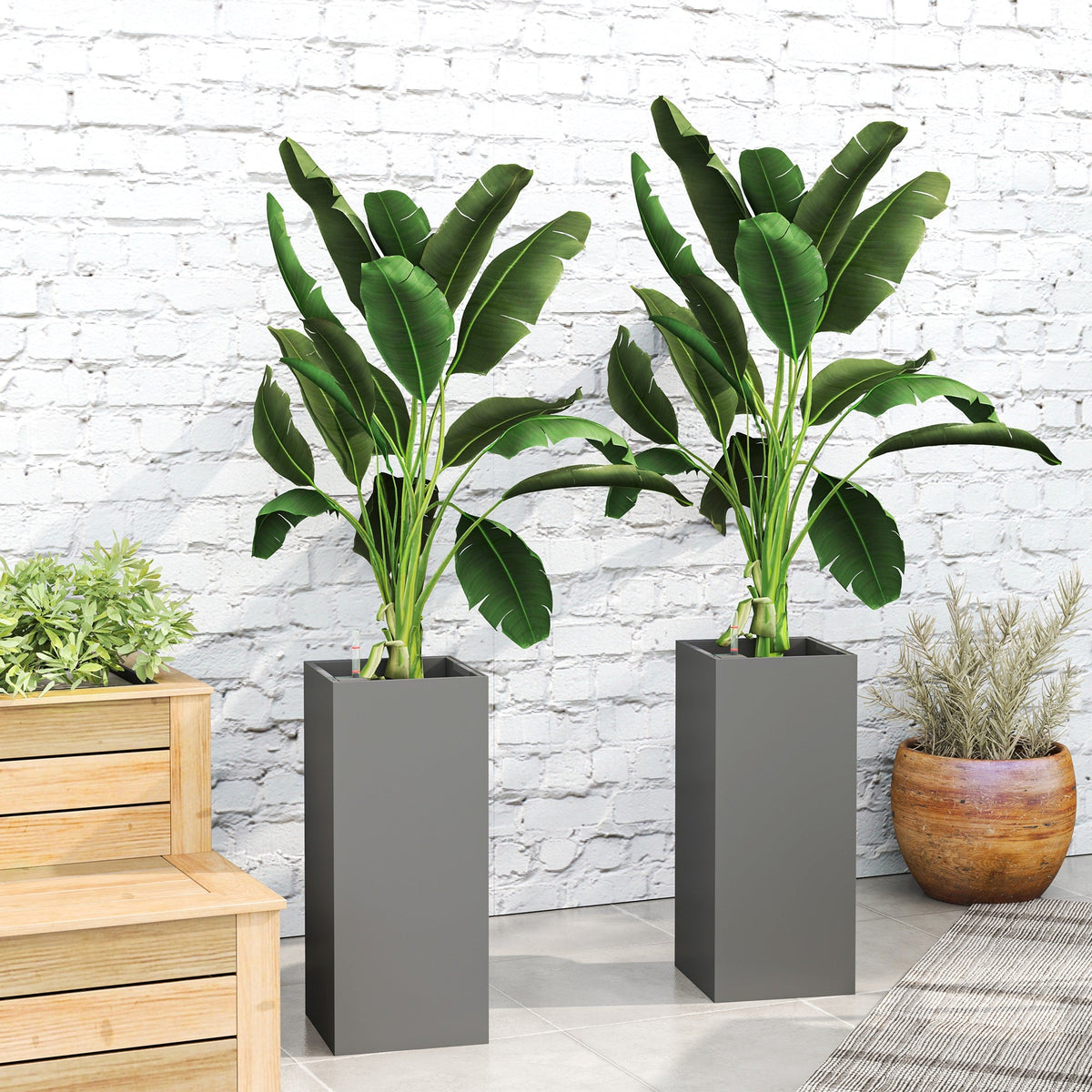 26" Plastic Planter Box 2-Pack with Water Level Indicator, Drainage Hole and Plug, Dark Grey