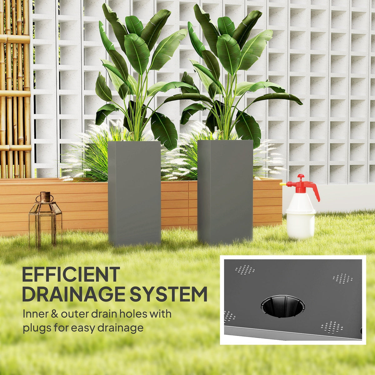 26" Plastic Planter Box 2-Pack with Water Level Indicator, Drainage Hole and Plug, Dark Grey