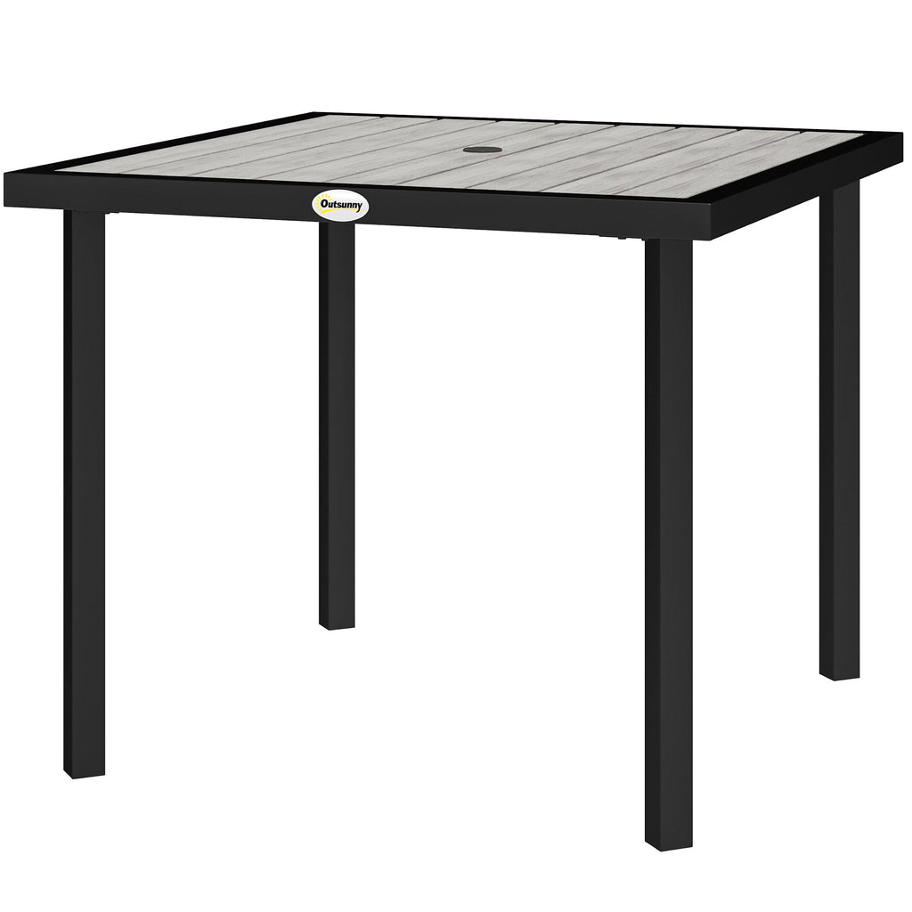 Garden Table for 4 Person, Square 86 x 86 x 71cm Patio Outdoor Dining Table with 5.4cm Parasol Hole, Easy Clean Slatted Top, Metal Frame, for Balcony, Deck, Light Grey