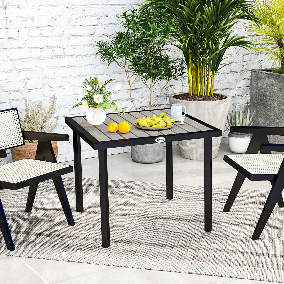 Garden Table for 4 Person, Square 86 x 86 x 71cm Patio Outdoor Dining Table with 5.4cm Parasol Hole, Easy Clean Slatted Top, Metal Frame, for Balcony, Deck, Light Grey