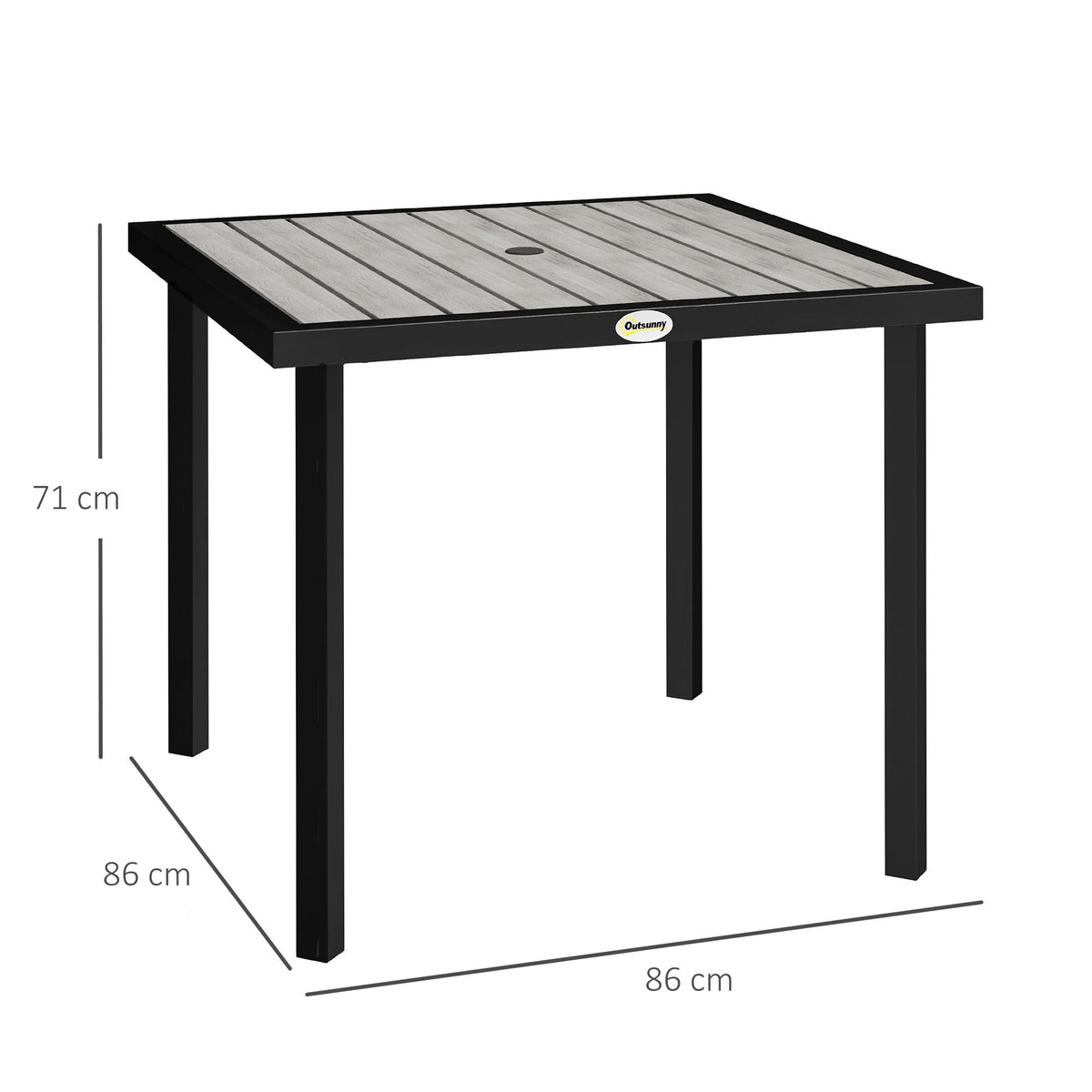 Garden Table for 4 Person, Square 86 x 86 x 71cm Patio Outdoor Dining Table with 5.4cm Parasol Hole, Easy Clean Slatted Top, Metal Frame, for Balcony, Deck, Light Grey