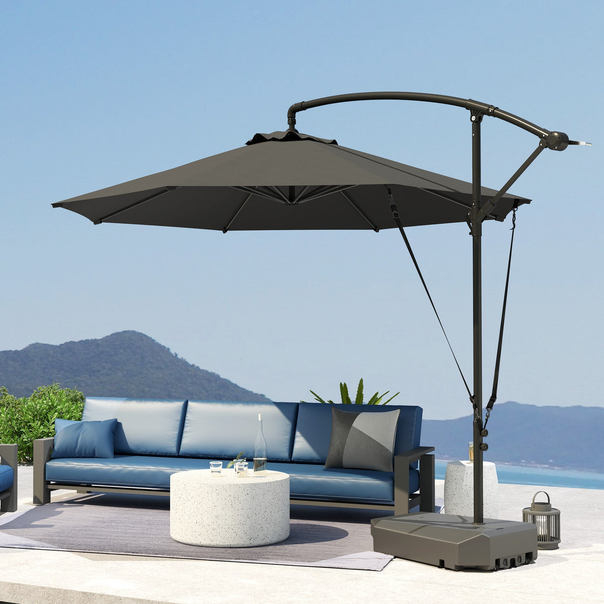 10' Round Cantilever Umbrella with Fillable Base & Cover, UPF50+, Grey