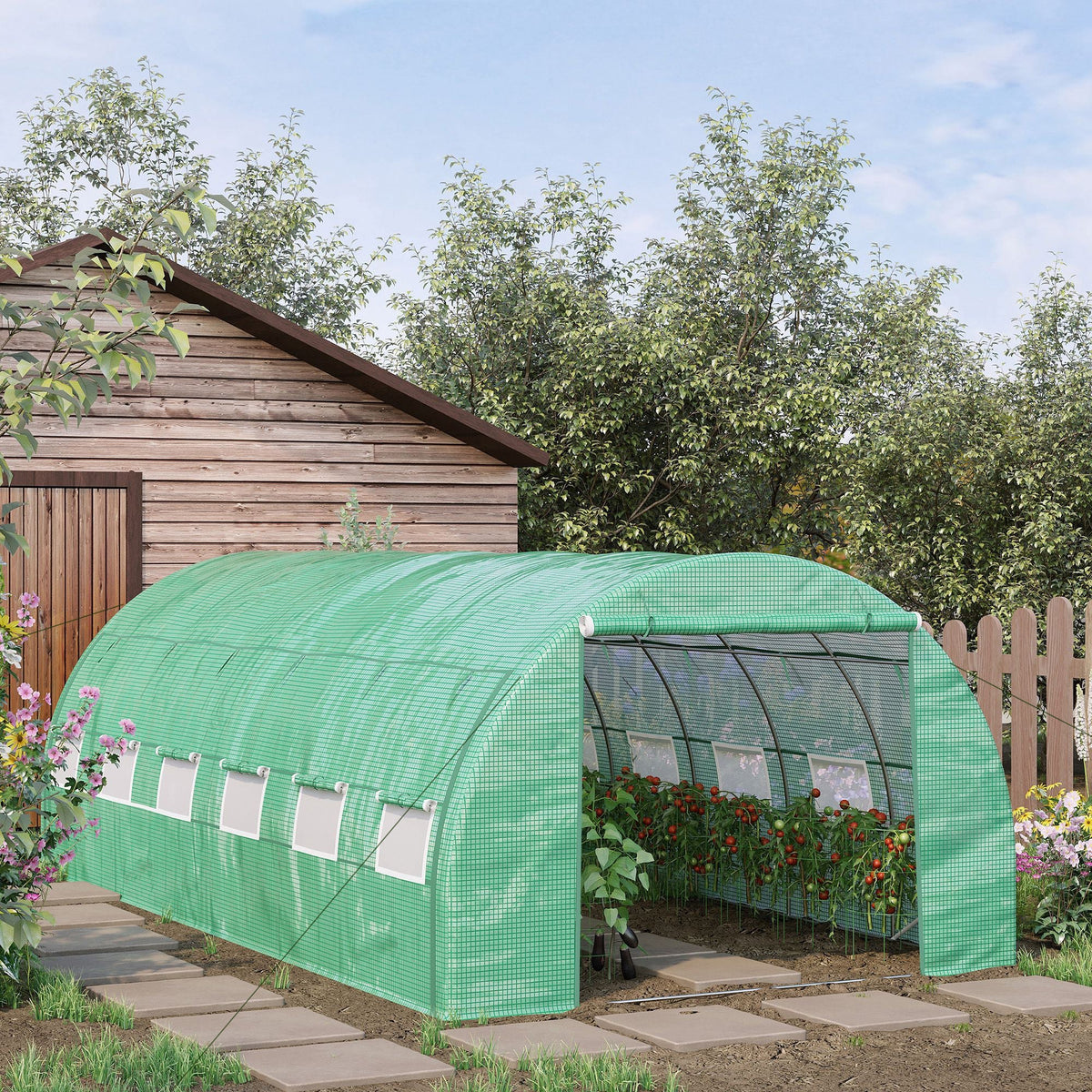 6 x 3 x 2m Polytunnel Greenhouse with Roll-up Side Walls, Reinforced Cover & 12 Mesh Windows, Green