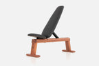 NOHRD weight bench angled view with black cushion and wood frame