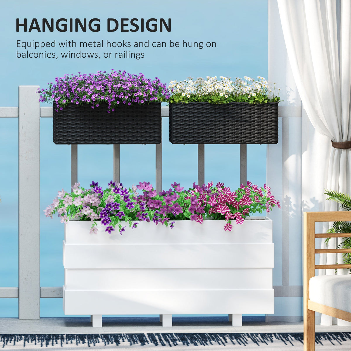 2 Pack 20" Railing Planter Boxes with Hooks and Drainage, Black