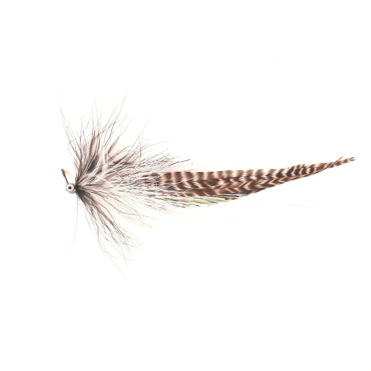 Single River Pig Urban Fly Co. fishing lure featuring natural brown and white feathers with detailed patterning, designed for use with fishing tackle.
