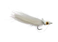 Close-up of Bisharat's Bubbleicious fishing lure featuring a white feathered tail, an orange and black eye detail, and a sharp hook designed for musky fishing.