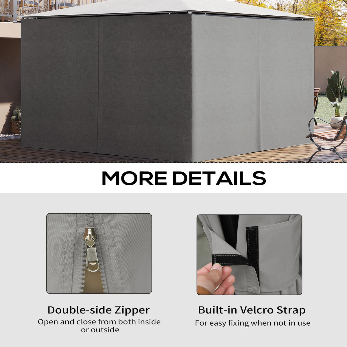 10' x 13' Universal Gazebo Sidewall Set (4 Panels) with Hooks, Light Grey