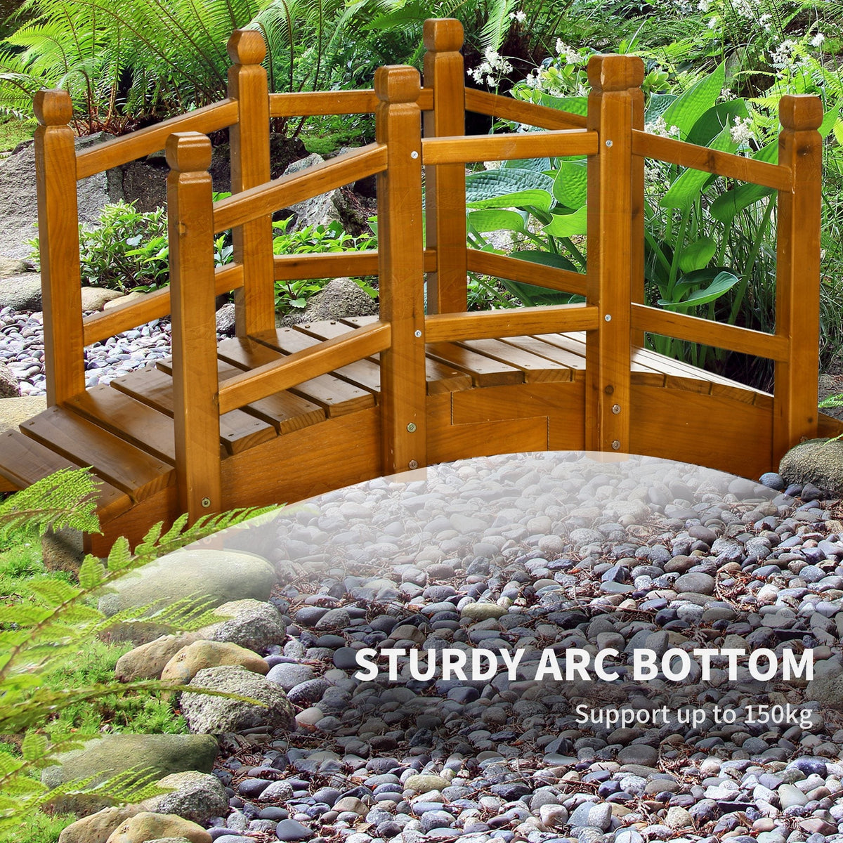 5FT Wooden Garden Bridge with Planters on Handrails, Arc Footbridge for Pond, Backyard Stream, Brown