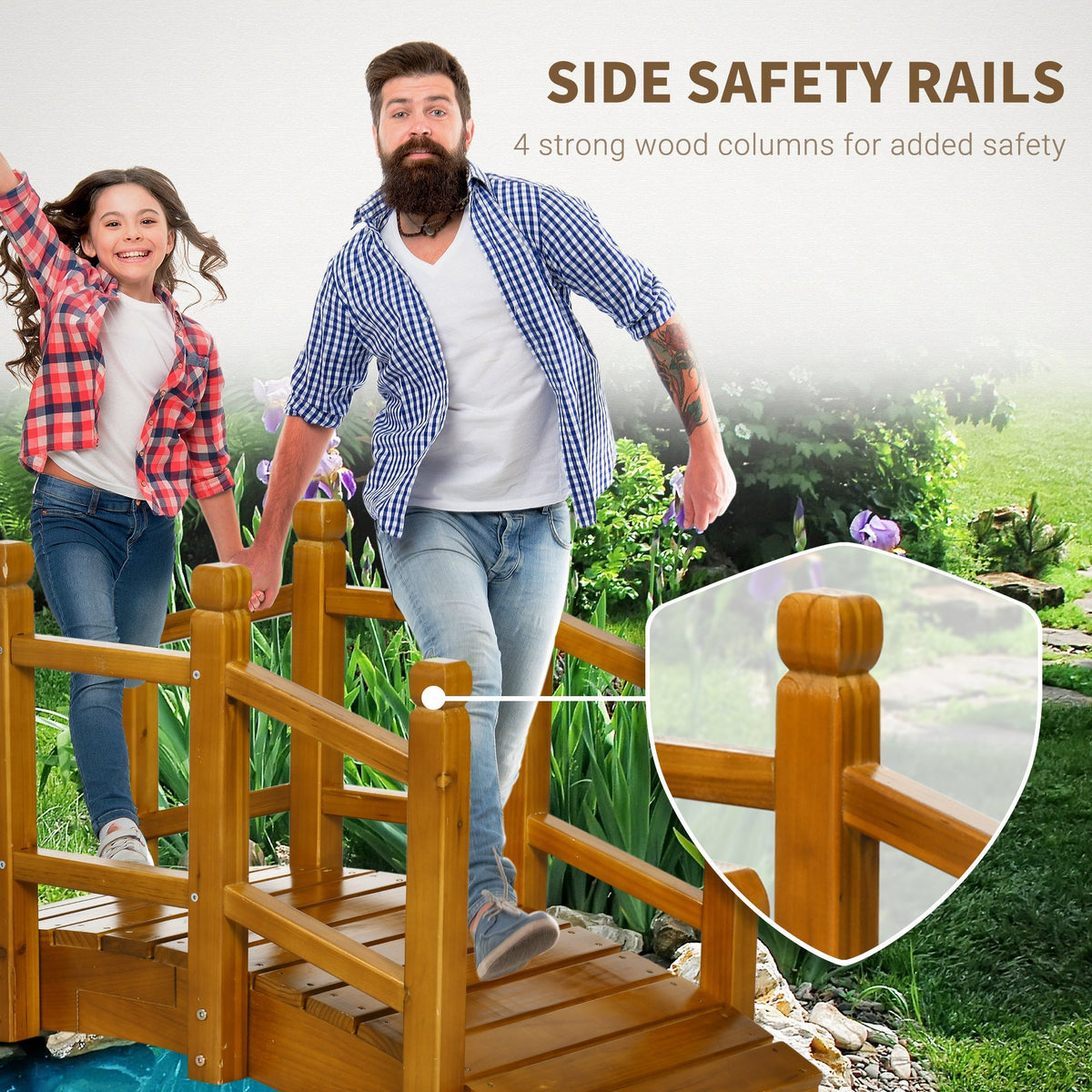 5FT Wooden Garden Bridge with Planters on Handrails, Arc Footbridge for Pond, Backyard Stream, Brown