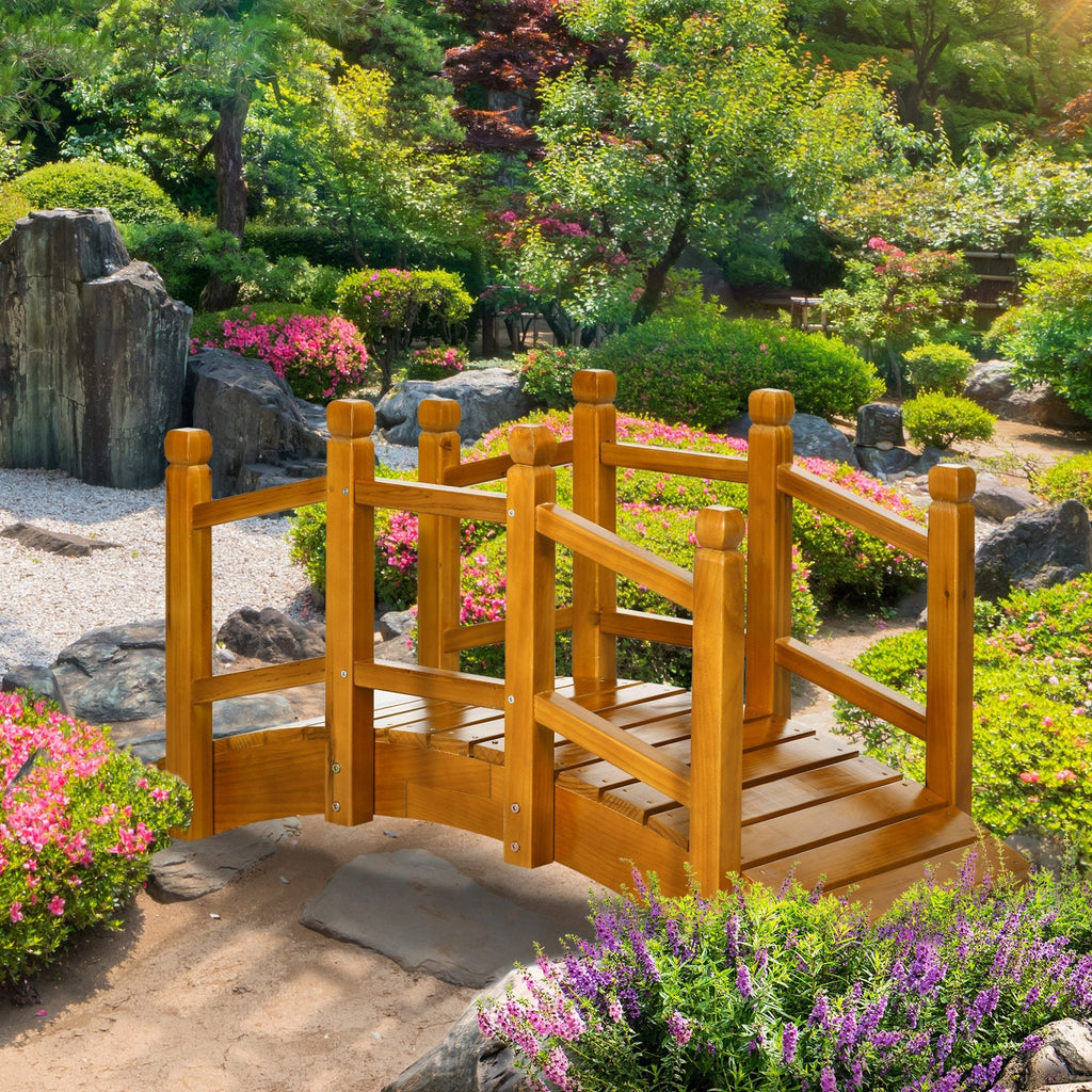 5FT Wooden Garden Bridge with Planters on Handrails, Arc Footbridge for Pond, Backyard Stream, Brown