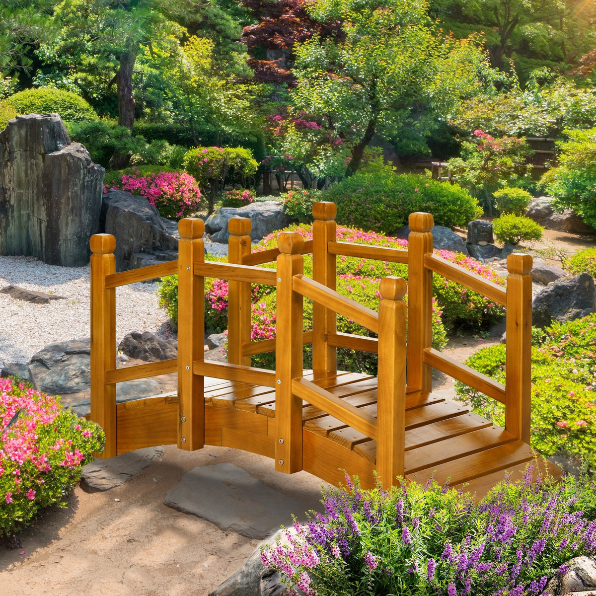 5FT Wooden Garden Bridge with Planters on Handrails, Arc Footbridge for Pond, Backyard Stream, Brown