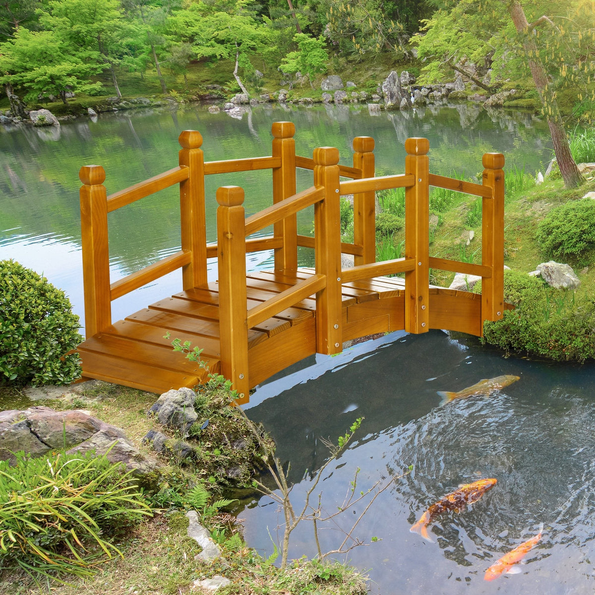 5FT Wooden Garden Bridge with Planters on Handrails, Arc Footbridge for Pond, Backyard Stream, Brown
