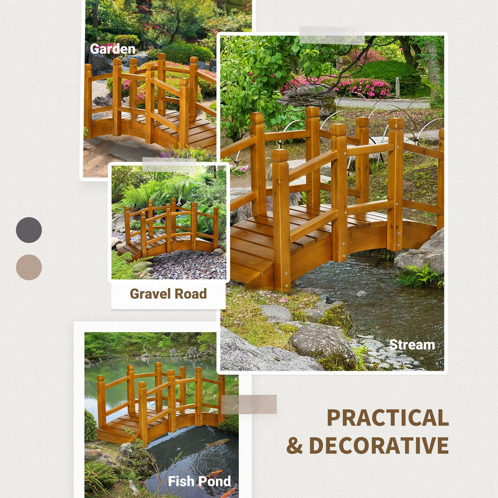 5FT Wooden Garden Bridge with Planters on Handrails, Arc Footbridge for Pond, Backyard Stream, Brown