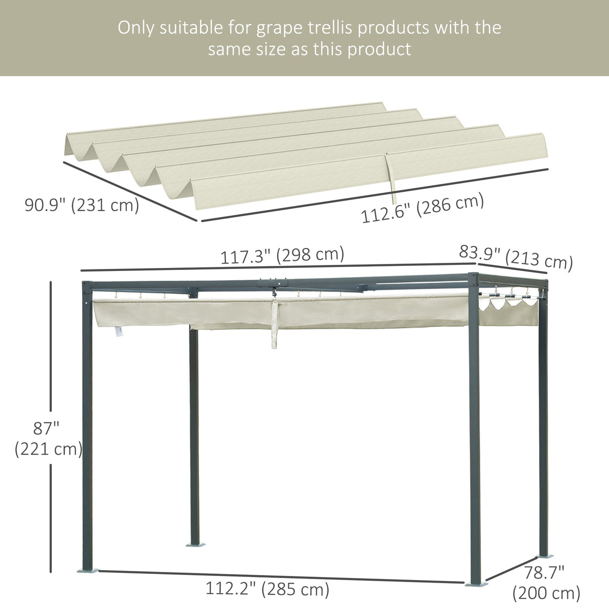 UV30+ Retractable Canopy for 9.8' x 7.1' Pergola, Cream White
